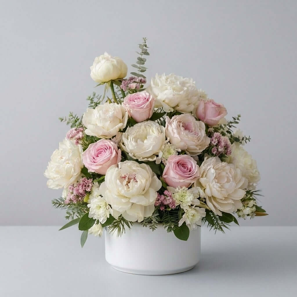 Peony and rose arrangement with elegant white and blush flowers