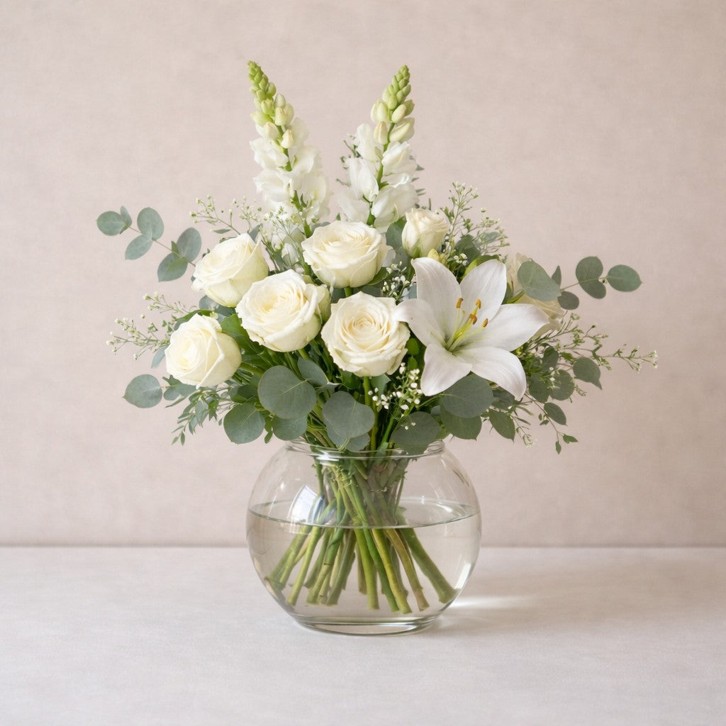Full size elegant white flower arrangement featuring white lilies, cream roses, baby’s breath, and eucalyptus greenery arranged in a round clear glass vase — Carlsbad florist.