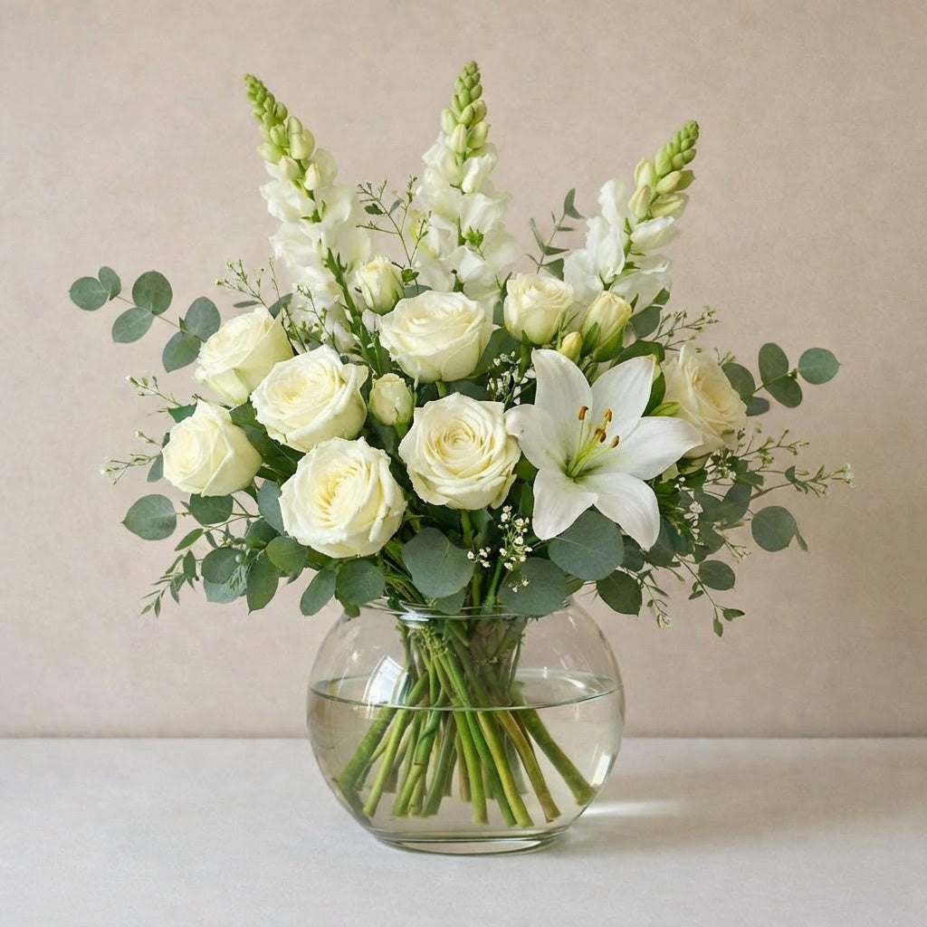 Extra full size luxurious white floral arrangement with abundant lilies, cream roses, baby’s breath, and rich eucalyptus greenery displayed in a round clear glass vase on a light surface — Carlsbad florist.