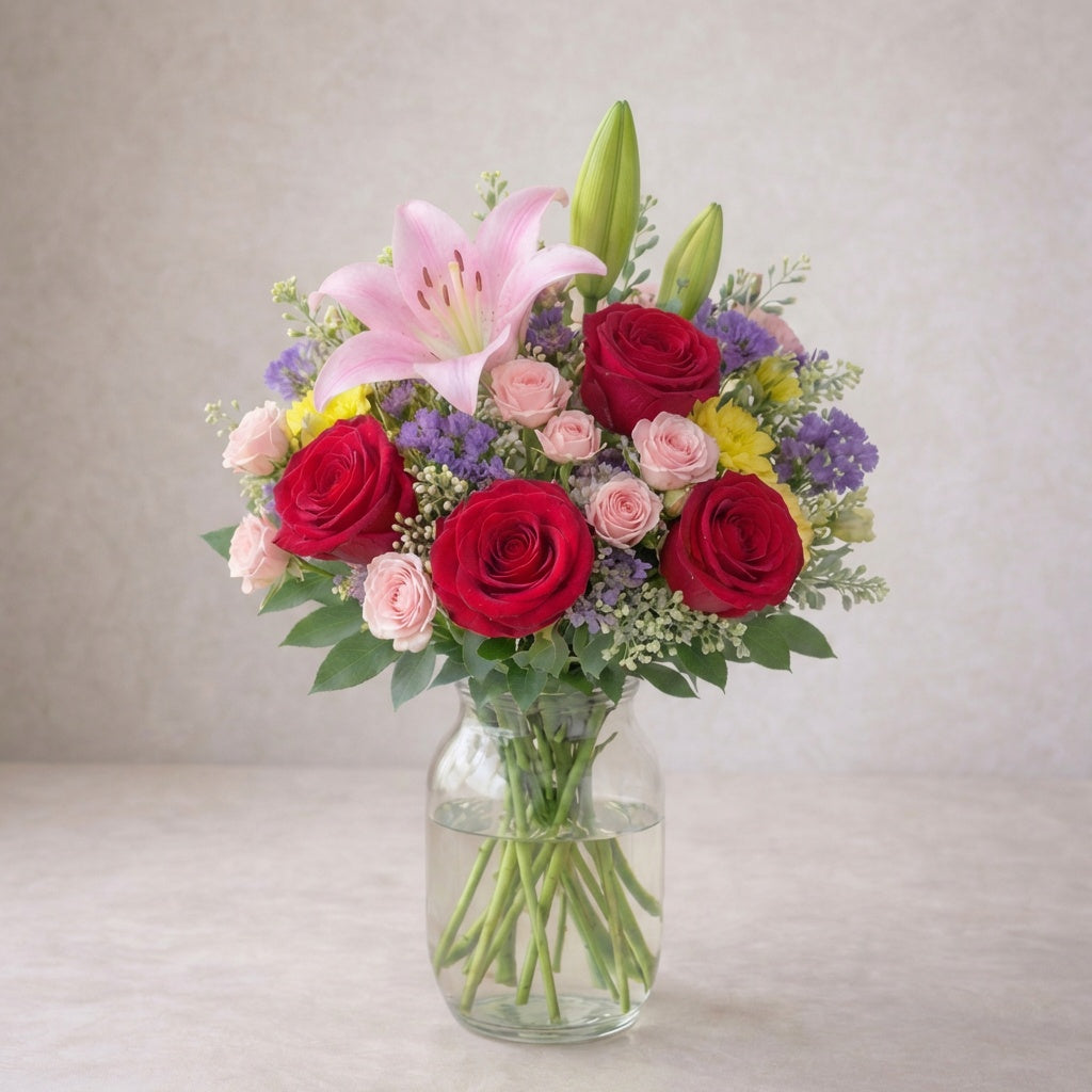 Deluxe size pink lily and red rose vase arrangement with added spray roses, fuller lavender fillers, and enhanced greenery for a richer look. Fresh flowers Encinitas CA