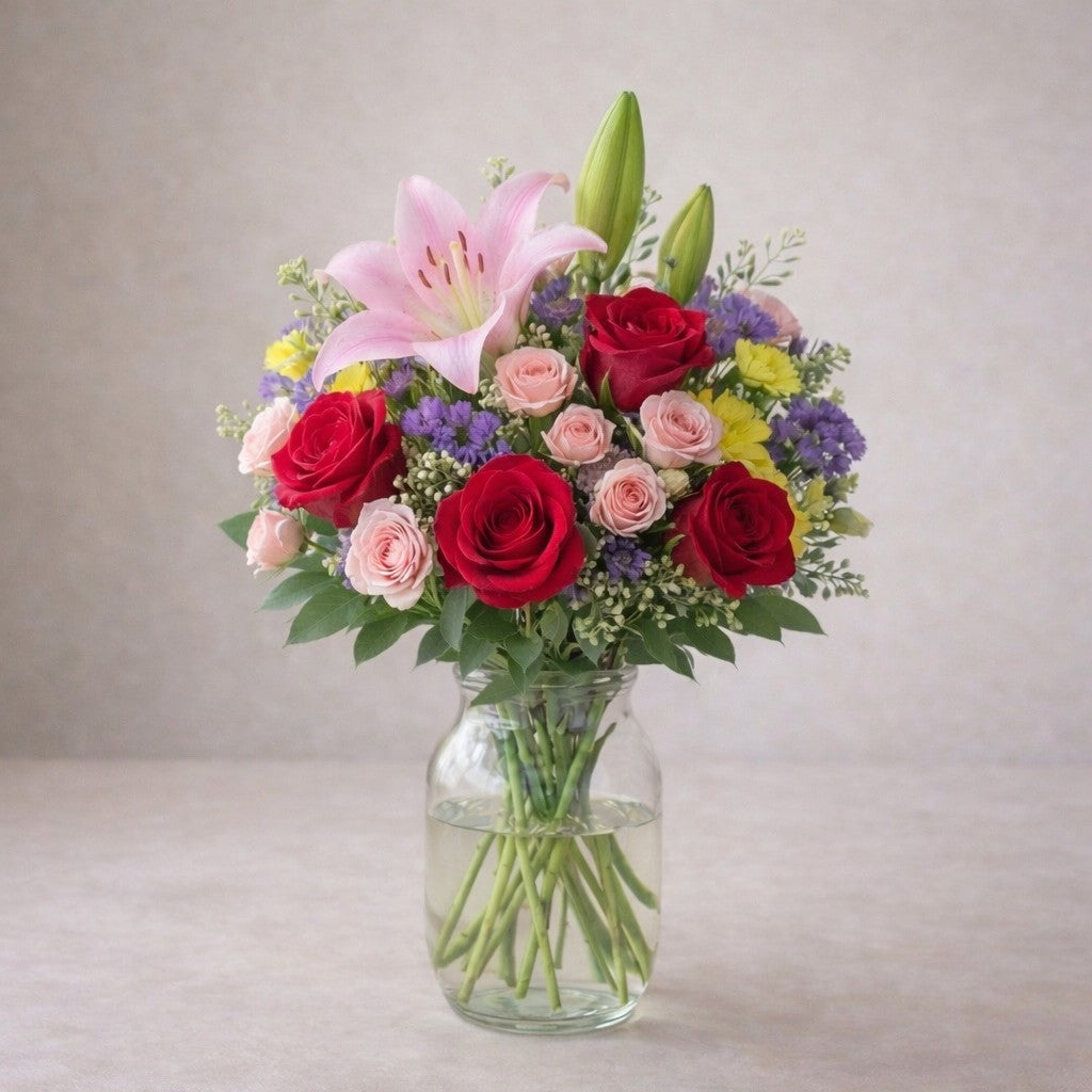 Full size pink lily and red rose vase arrangement with added spray roses, fuller lavender fillers, and enhanced greenery for a richer look. Fresh flowers Encinitas CA
