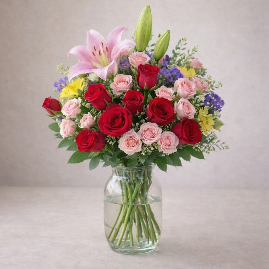 Extra full size pink lily and red rose vase arrangement featuring extra blooms, lush spray roses, layered lavender fillers, and elegant garden-style depth. Fresh flowers Encinitas CA