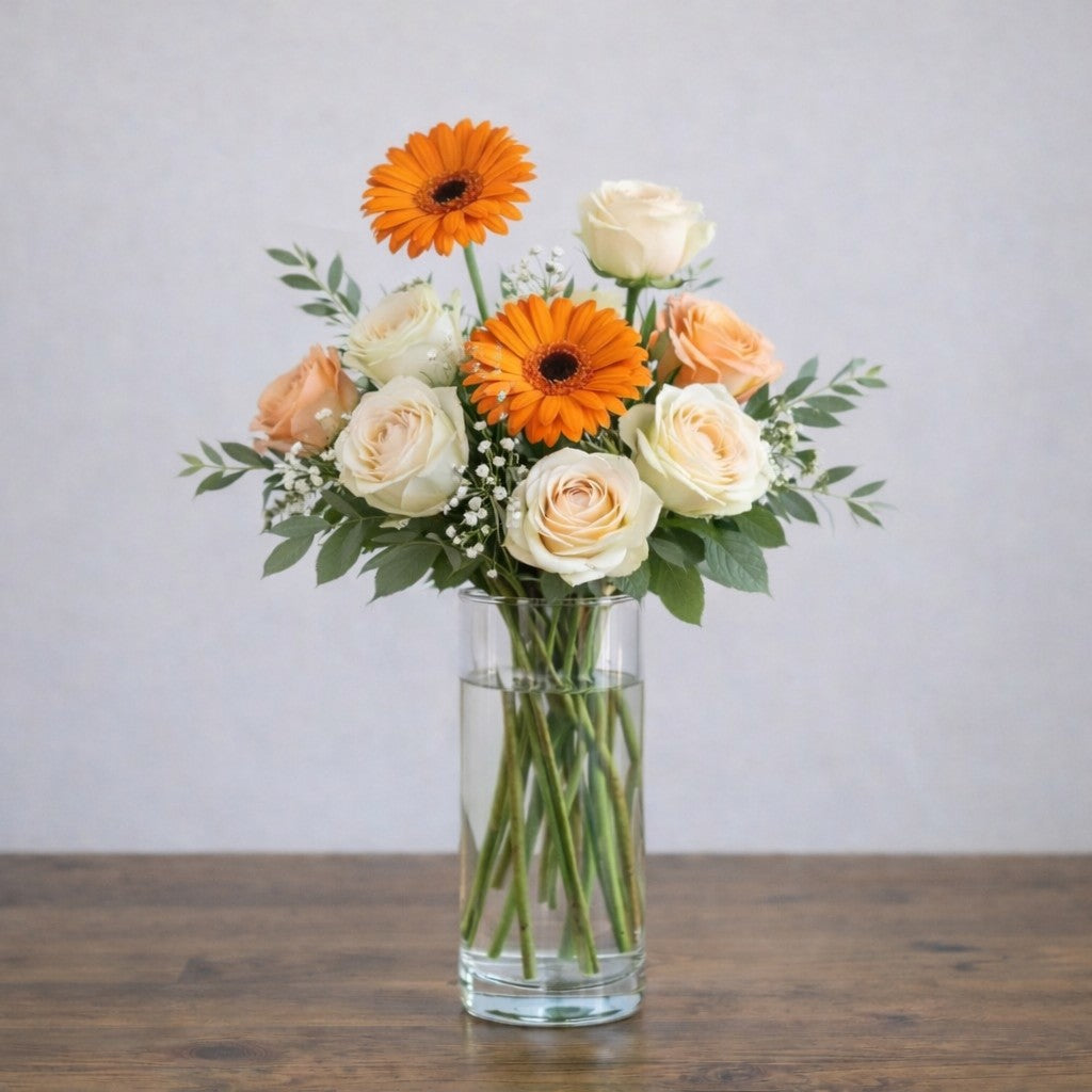 Regular size Golden Radiance Bouquet featuring orange gerbera daisies and cream roses in a clear glass vase, accented with light greenery. Flower delivery available in Encinitas.