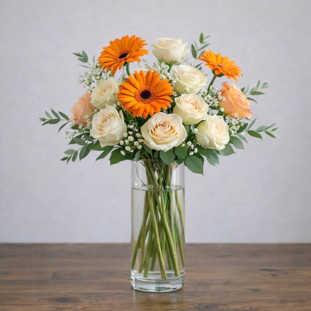 Deluxe Golden Radiance Bouquet with orange gerberas, cream and apricot roses, and a touch of baby’s breath in a clear glass vase. Local flower delivery to Encinitas.
