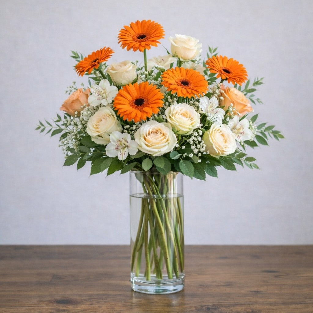 Premium Golden Radiance Bouquet showcasing orange gerbera daisies, cream roses, baby’s breath, and white alstroemeria in a tall glass vase. Same-day flower delivery Encinitas.
