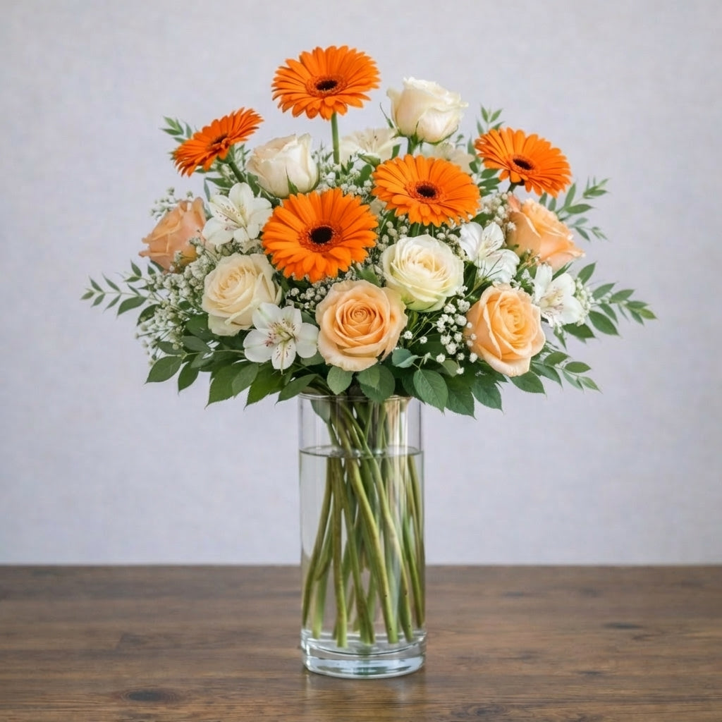 Extra full size Golden Radiance Bouquet showcasing orange gerbera daisies, cream roses, baby’s breath, and white alstroemeria in a tall glass vase. Same-day flower delivery Encinitas.
