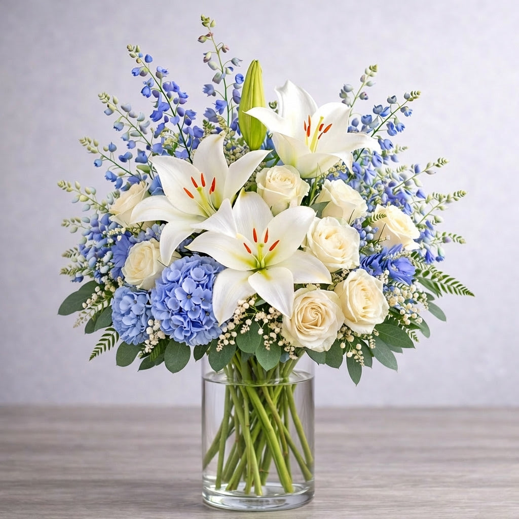 Extra full size white lily and cream rose vase arrangement showcasing extra blue hydrangea, abundant delphinium, airy baby’s breath, and richly layered greenery for a full, luxurious presentation. Fresh flowers San Marcos CA.