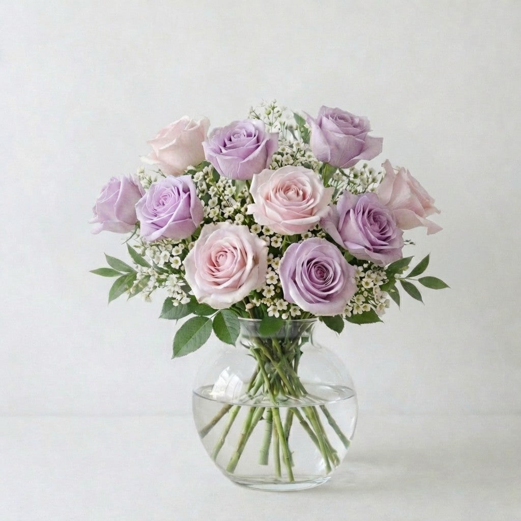 Fuller lavender and blush pink rose bouquet with enhanced depth, soft greenery, and refined airy fillers in a clear glass vase, handcrafted for a graceful and calming presentation, fresh flowers Escondido CA.
