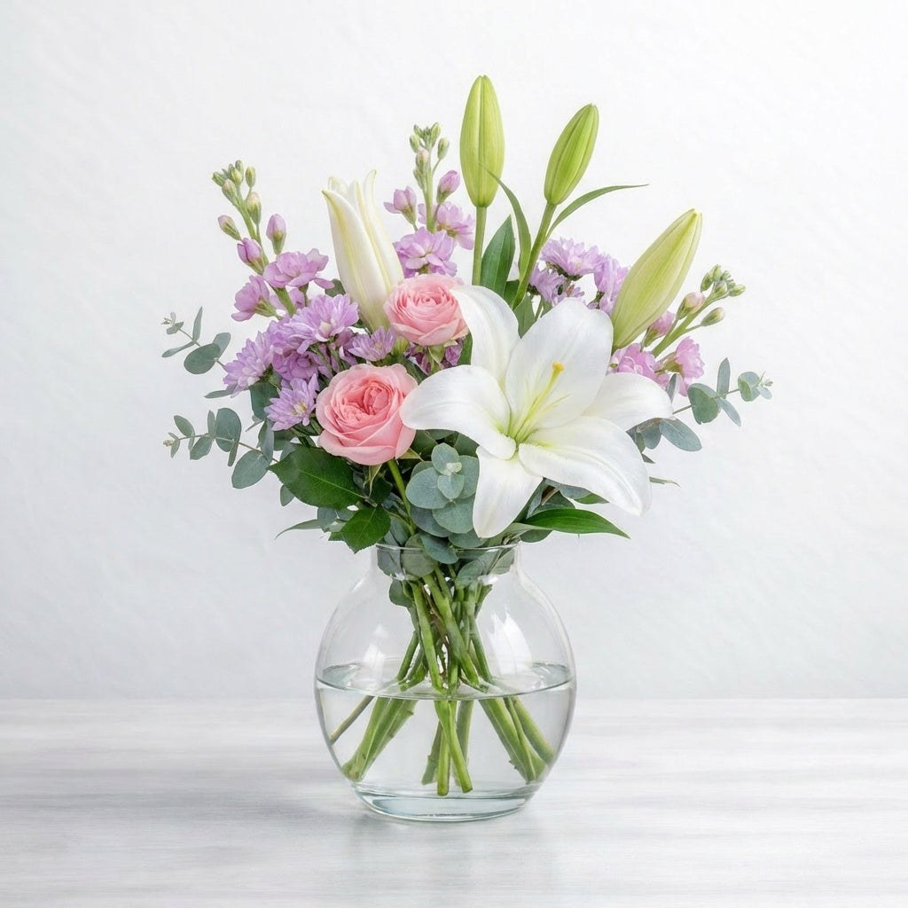 Lily Embrace vase bouquet featuring soft pink roses and creamy white lilies with gentle accent blooms, arranged in a clear glass vase. Flower delivery available in Encinitas.