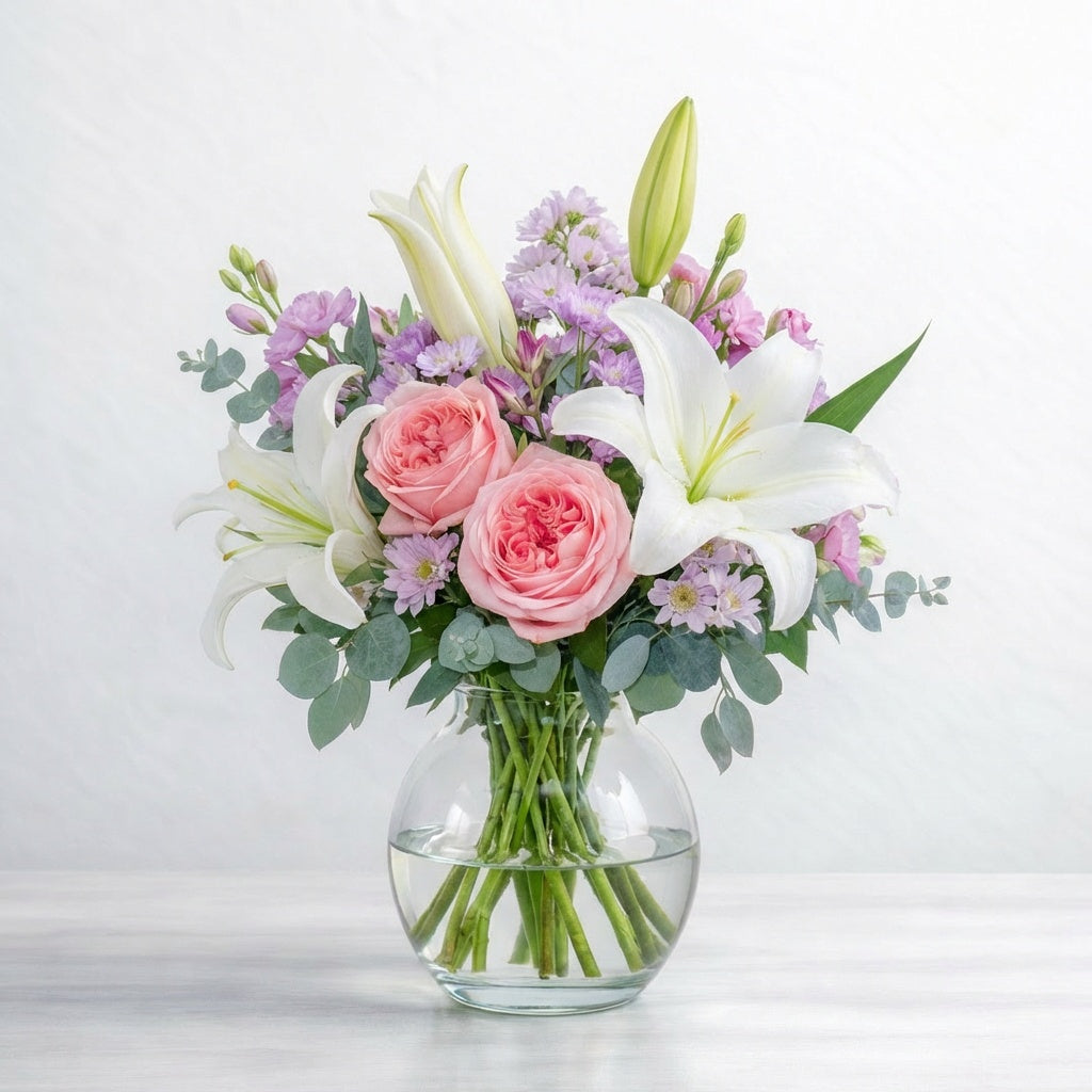 Lily Embrace pink and cream floral arrangement with white lilies rising above blush roses in a modern glass vase, delivered to Encinitas.