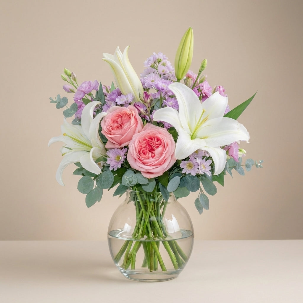 Lily Embrace Soft Pink &amp; Cream Vase Bouquet with pink roses and white lilies in clear glass vase.
