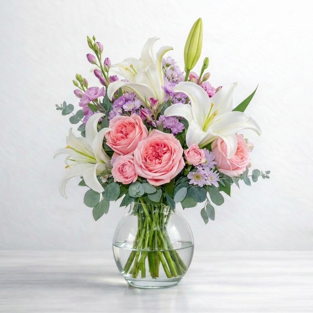 Lily Embrace garden-style vase bouquet with pink roses, white lilies, soft accent flowers, and greenery, available for flower delivery in Encinitas.