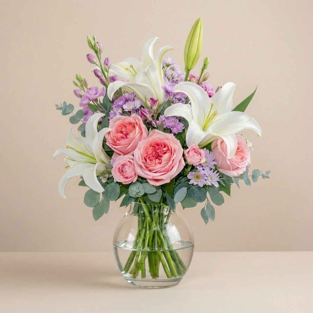 Lily Embrace Soft Pink &amp; Cream Vase Bouquet featuring pink roses and white lilies in a clear glass vase.