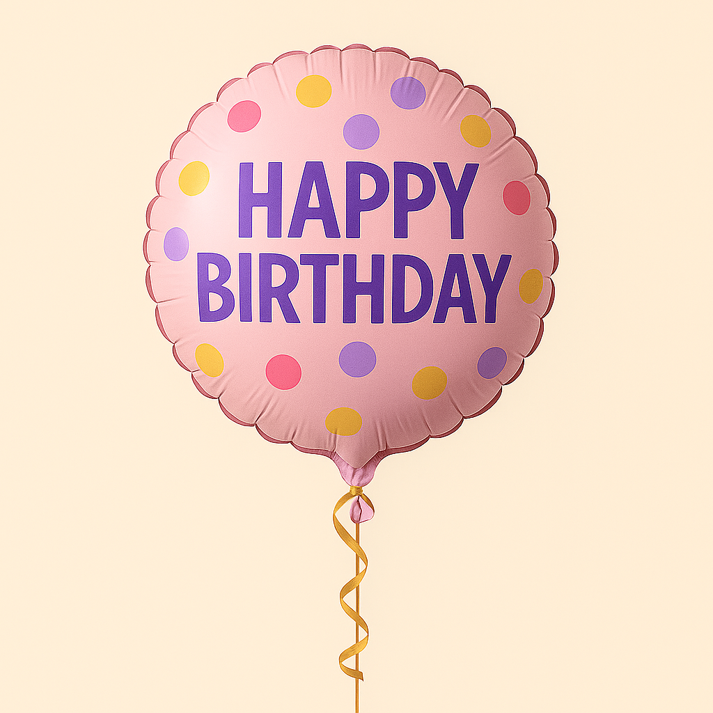 Pink round Mylar balloon with “Happy Birthday” text and colorful polka dots.