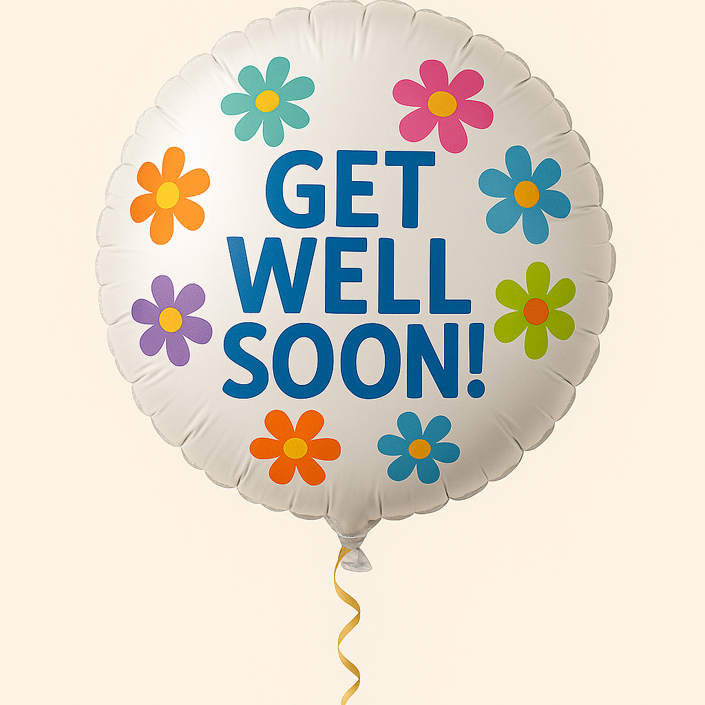 White round Mylar balloon with the message “GET WELL SOON!” surrounded by colorful flower icons.