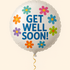 White round Mylar balloon with the message “GET WELL SOON!” surrounded by colorful flower icons.