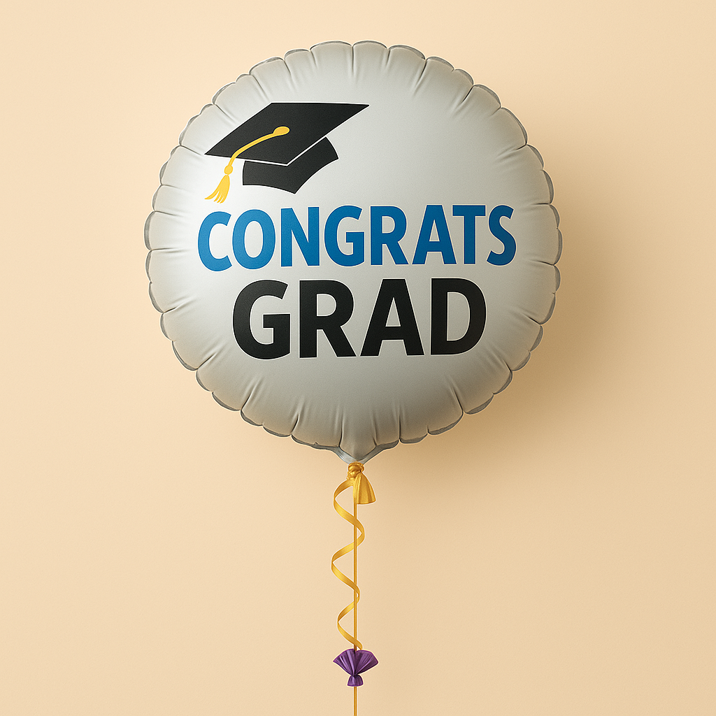 Silver round Mylar balloon with a graduation cap icon and “CONGRATS GRAD” text.
