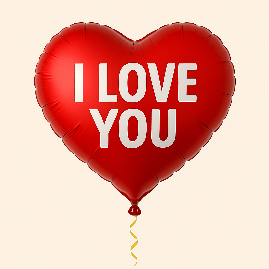 Red heart-shaped Mylar balloon with the text “I LOVE YOU” printed in white.