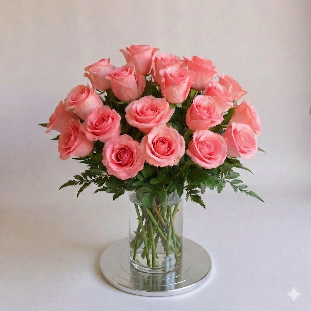 24 pink rose arrangement in a clear glass vase – premium rose bouquet in North San Diego County