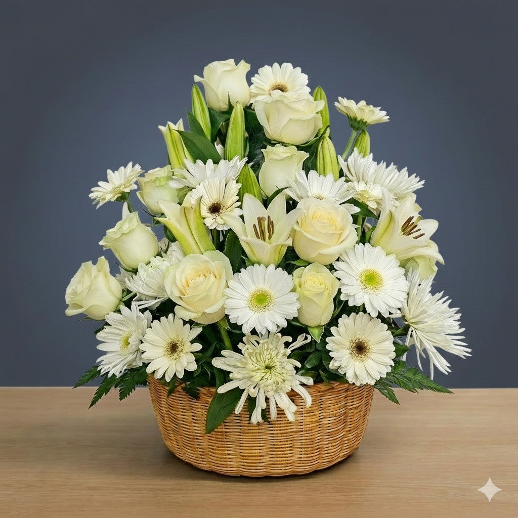 Elegant white lily and ivory rose basket arrangement with gerbera accents — same-day flower delivery Encinitas.