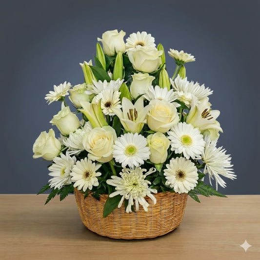 Elegant white lily and ivory rose basket arrangement with gerbera accents — same-day flower delivery Encinitas.