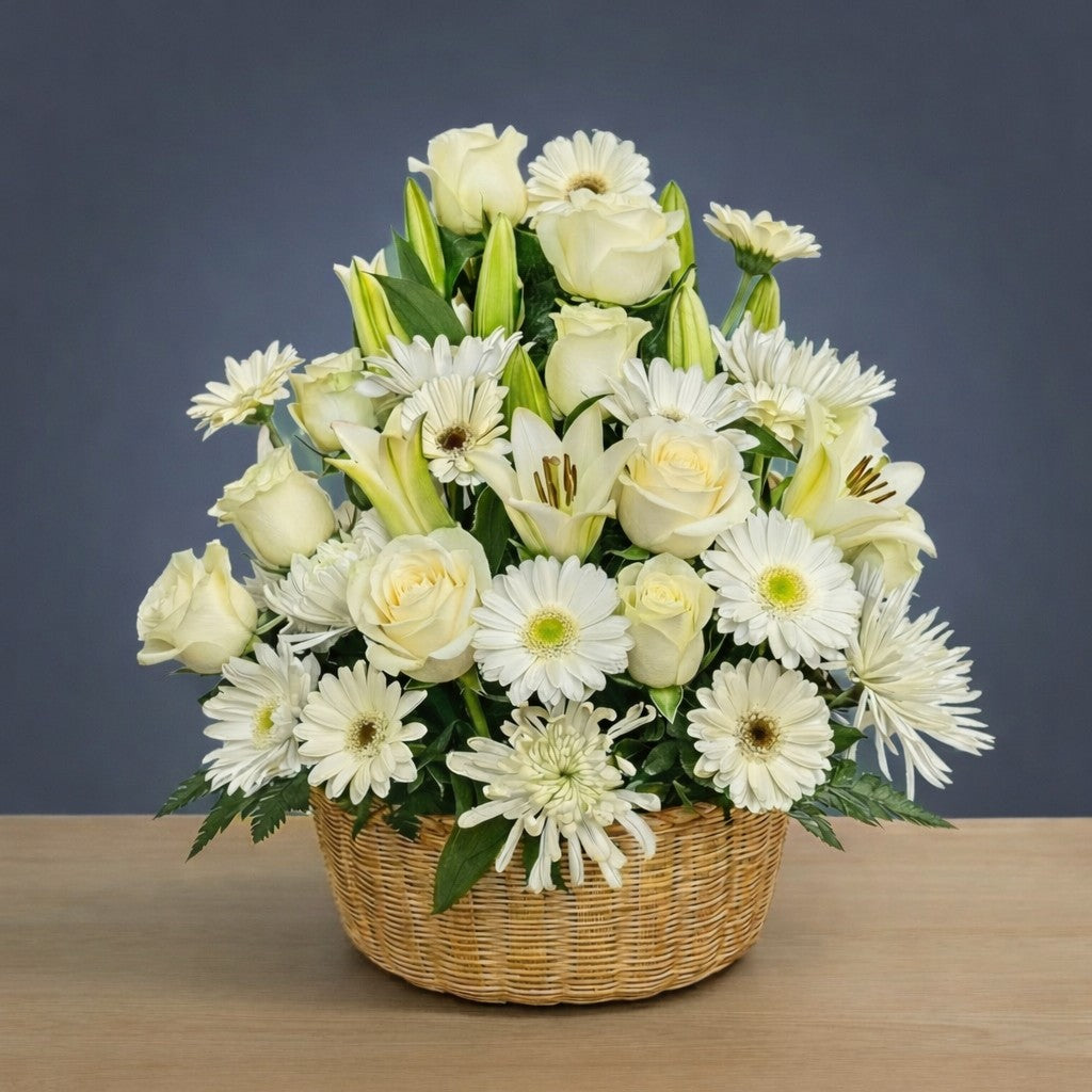 Pure Serenity – White Lily &amp; Ivory Rose Basket