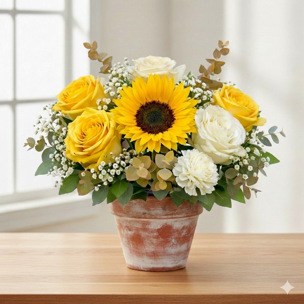 Regular size Radiant Grace arrangement featuring a cheerful sunflower, ivory and yellow roses, baby’s breath, and eucalyptus in a ceramic pot – Carlsbad flower delivery.