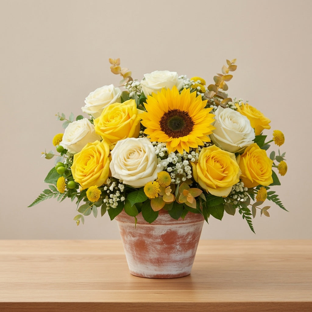 Radiant Grace Ceramic Pot Arrangement featuring sunflowers and ivory roses in a natural ceramic pot.