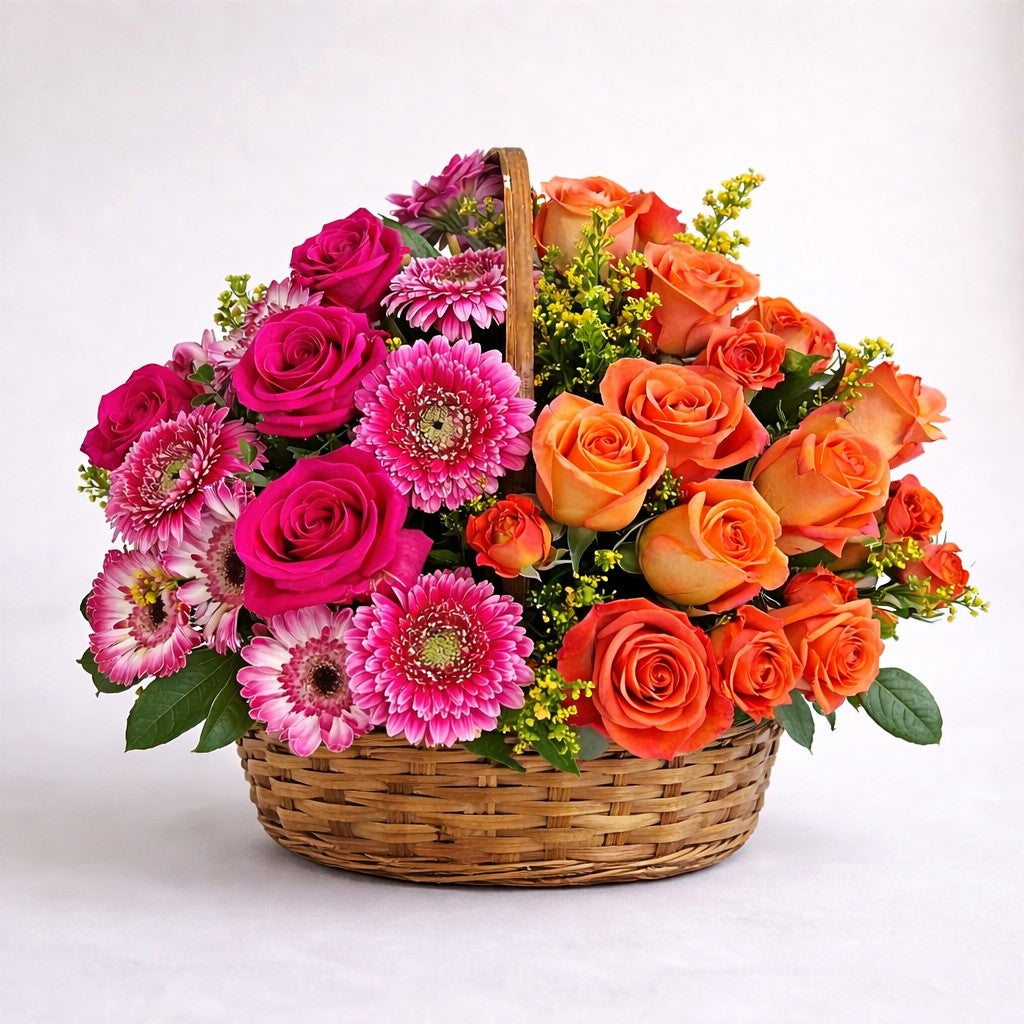 Bright pink and orange rose flower basket with gerbera daisies and seasonal greenery, handcrafted floral arrangement in a woven basket - Fresh flowers San Marcos CA.
