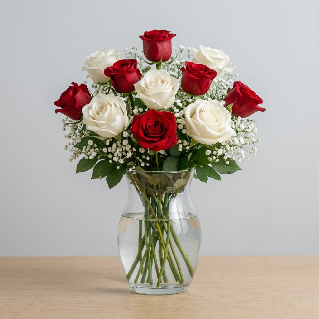 Red &amp; White Rose Harmony displayed on a table – San Marcos flower delivery