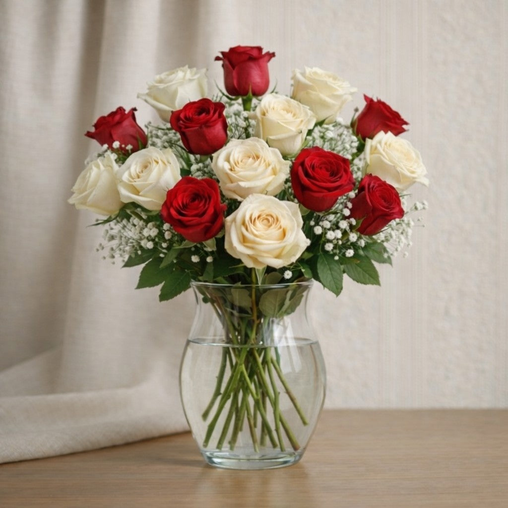 Natural mixed red and ivory rose bouquet with airy filler flowers in a transparent glass vase, florist-style arrangement, handcrafted flower delivery in Encinitas, CA