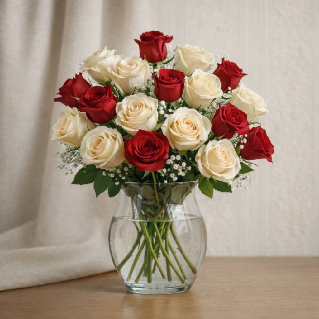 Full red and cream rose bouquet arranged with gentle movement and depth in a clear glass vase, locally designed floral arrangement, handcrafted flower delivery in Encinitas, CA