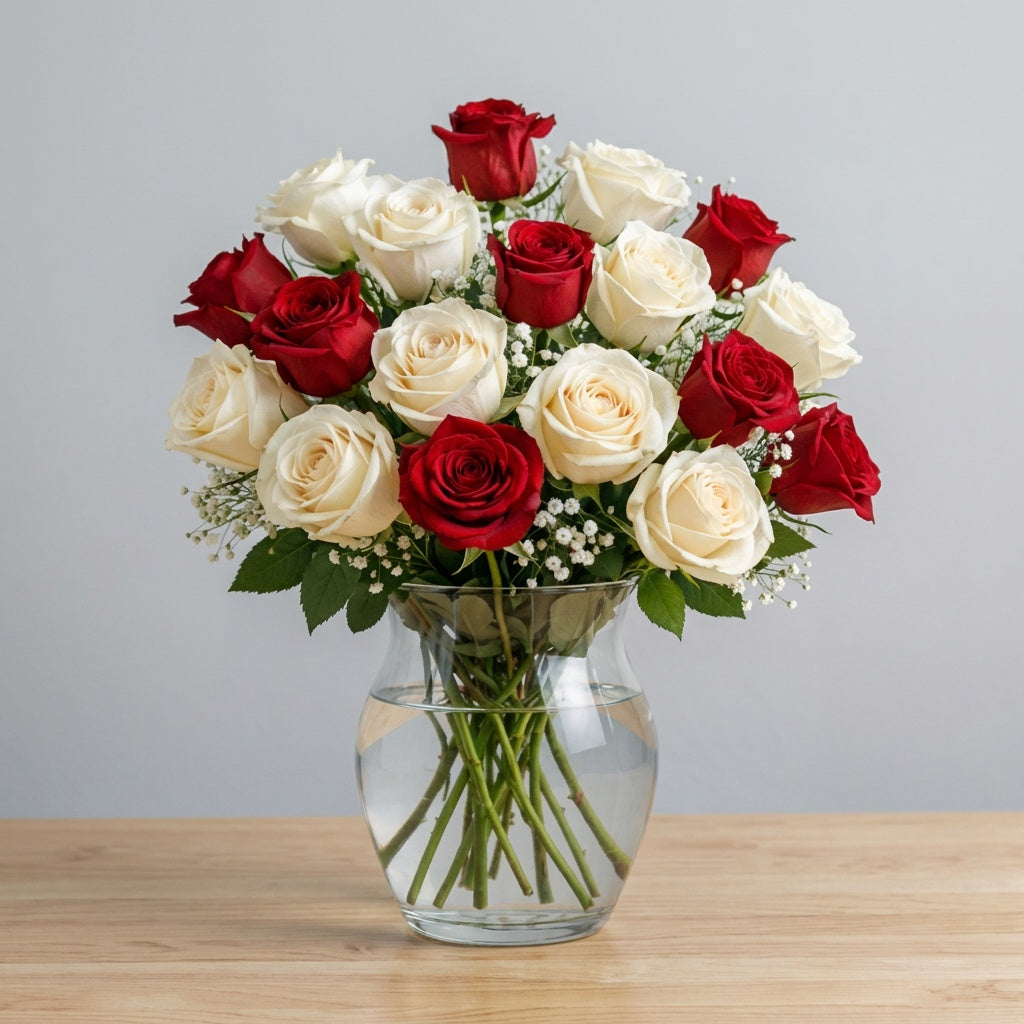 Red &amp; White Rose Harmony arrangement in a classic clear glass vase