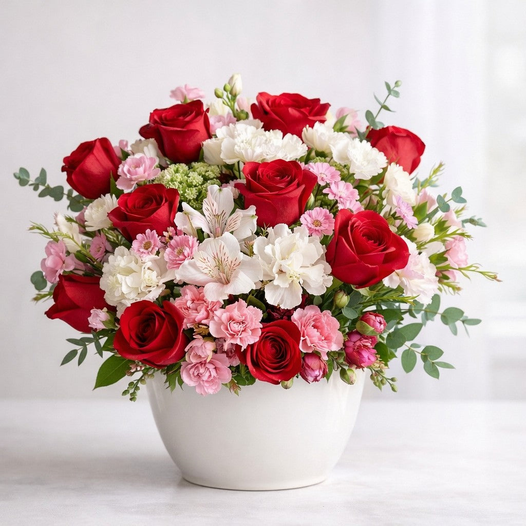 Red roses and pink carnations arranged in a white basket on a soft taupe background - Fresh flowers Encinitas CA.