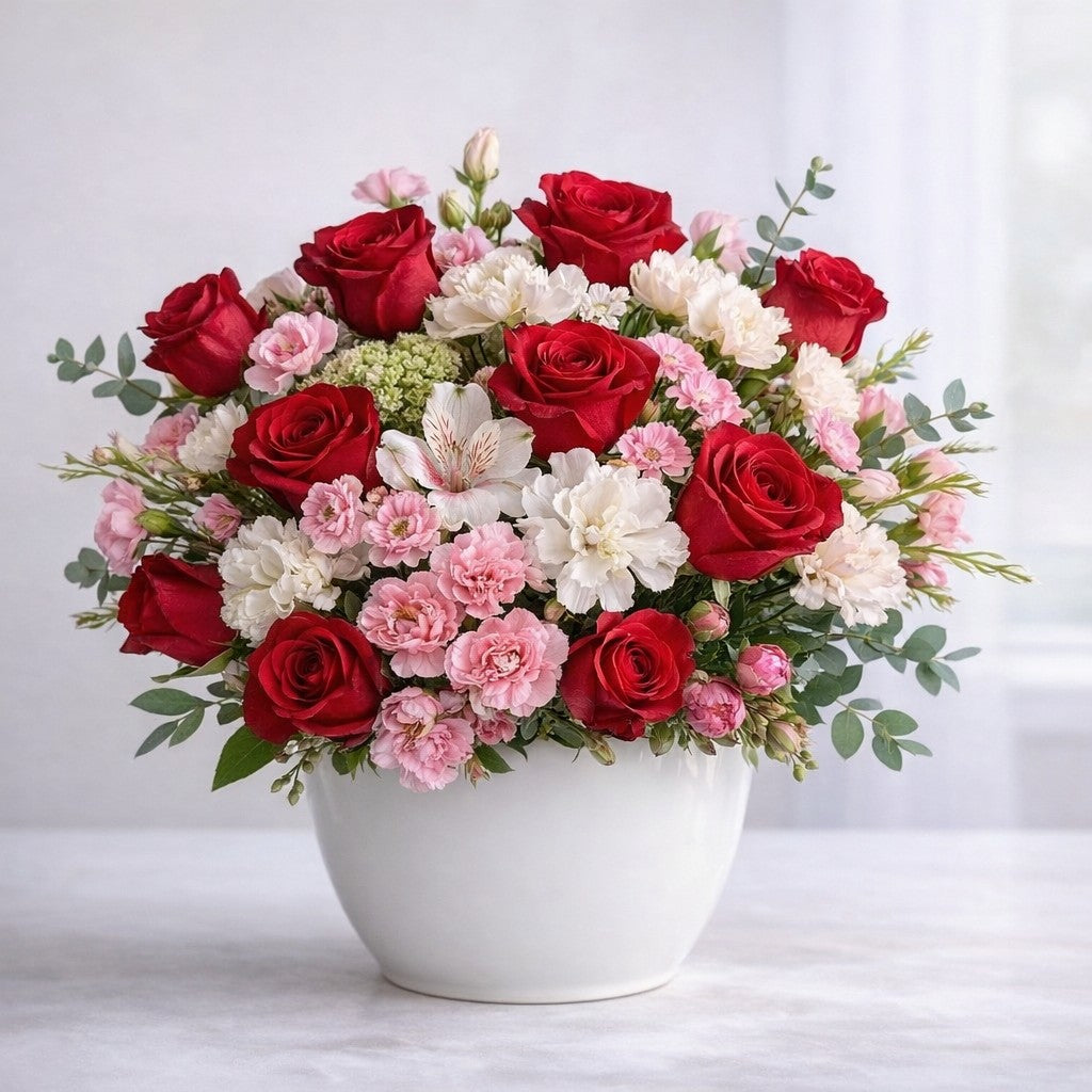 Red roses and pink carnations arranged in a white basket on a soft taupe background - Fresh flowers Encinitas CA.