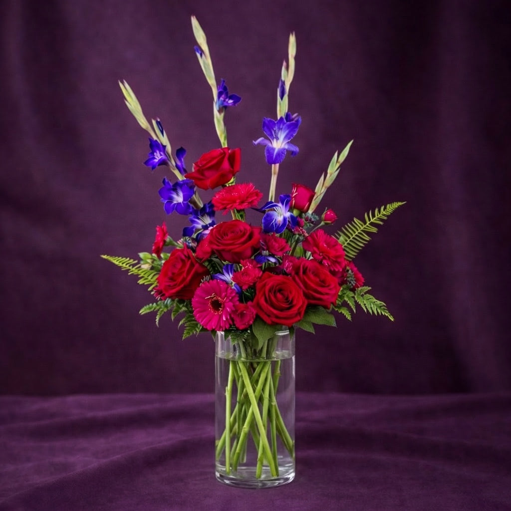 Purple and pink flower bouquet with romantic colorful blooms