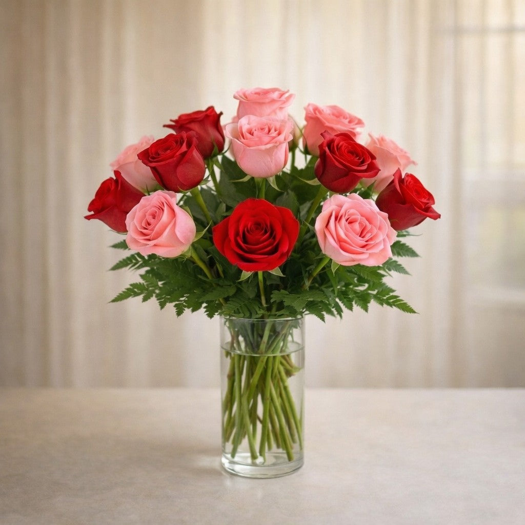 Regular size mixed rose bouquet with red, pink, and cream roses, eucalyptus, and soft greenery in a clear glass vase – Fresh flowers San Marcos CA.