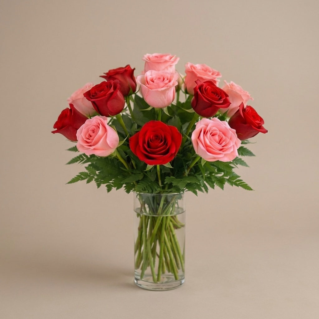 Rose Harmony – Blush &amp; Crimson Bouquet displayed on a table – San Marcos flower delivery
