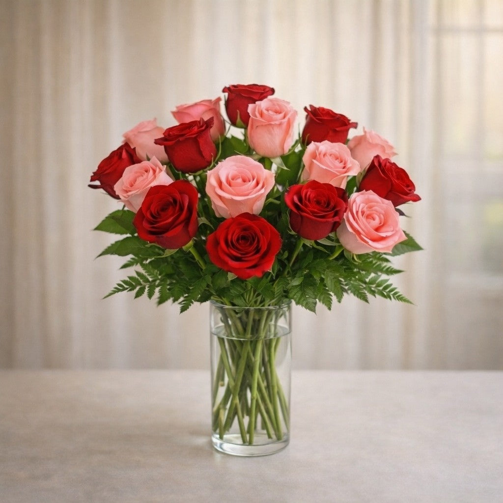 Deluxe size mixed rose bouquet featuring additional red, pink, and cream roses with eucalyptus and soft greenery in a clear glass vase – Fresh flowers San Marcos CA.