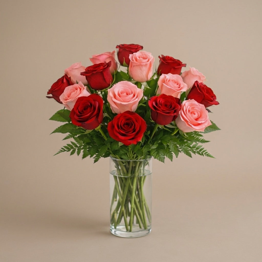 Rose Harmony – Blush &amp; Crimson Bouquet close-up showing blush and crimson roses