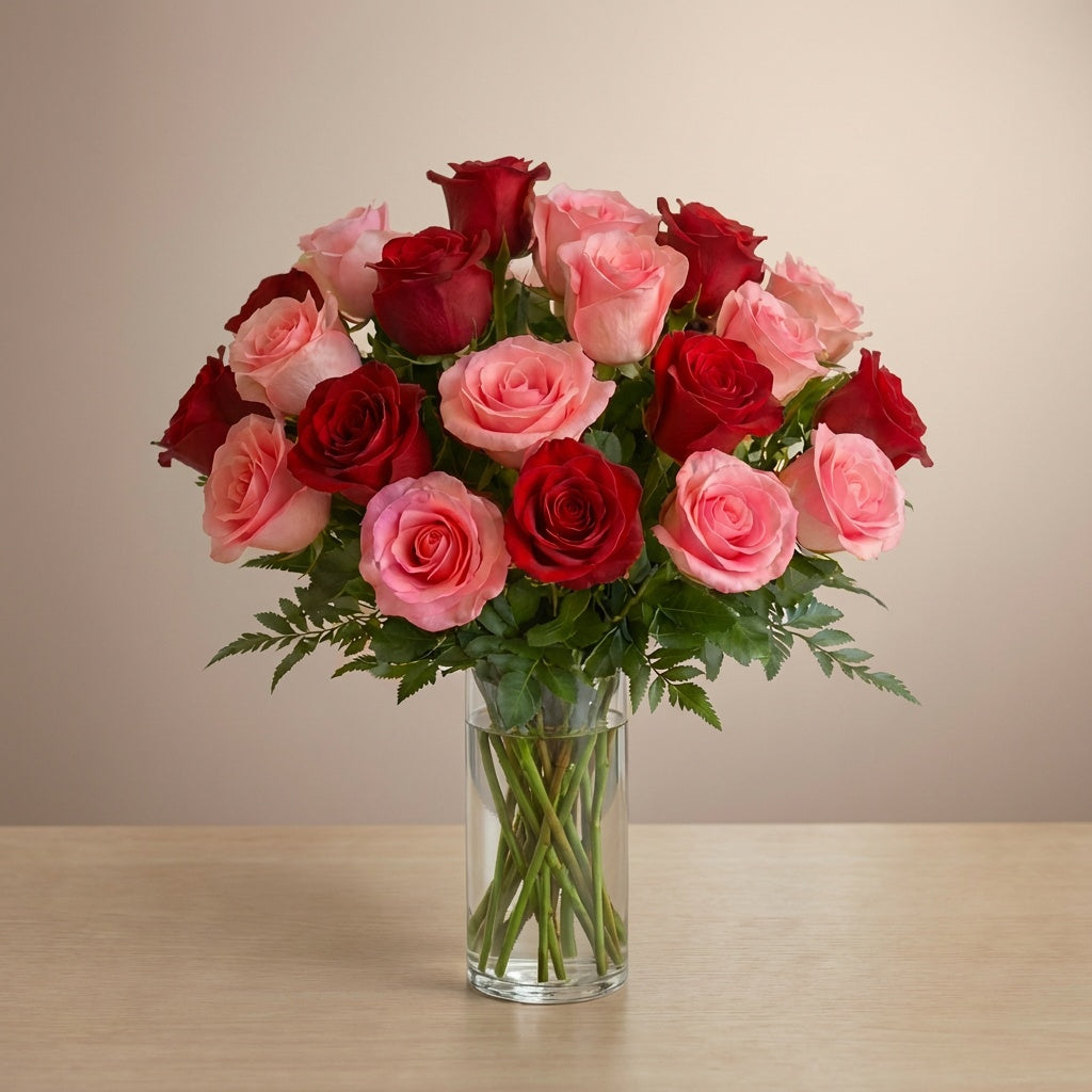 Rose Harmony – Blush &amp; Crimson Bouquet in a classic glass vase