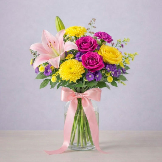 Springtime Delight regular bouquet featuring pink lilies, yellow roses, purple mums, and fresh greenery arranged in a clear glass vase with a soft pink ribbon — Encinitas flower delivery.