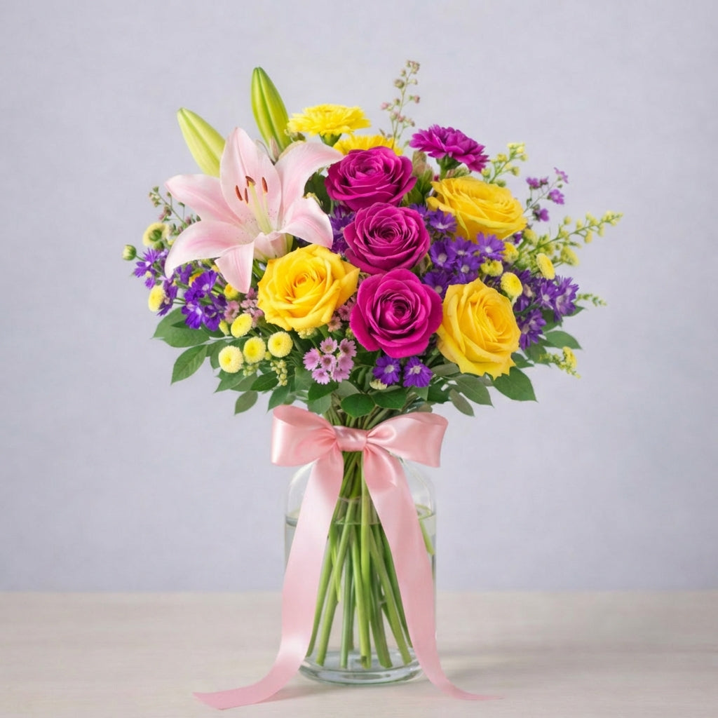 Springtime Delight deluxe bouquet showcasing fuller pink lilies, vibrant yellow roses, purple blooms, and lush greenery in a clear glass vase finished with a pink satin ribbon — Encinitas flower delivery.