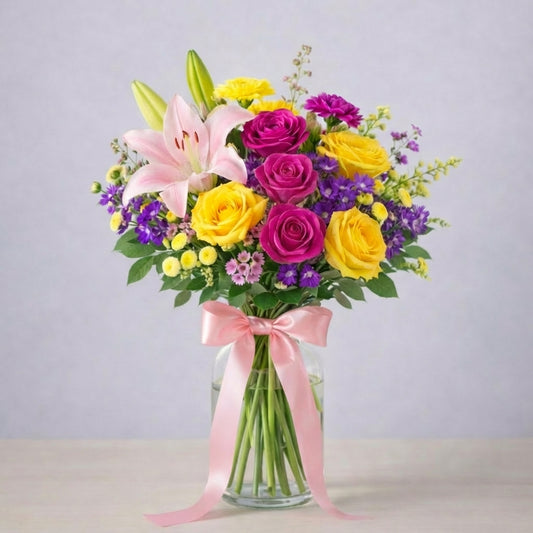Full size Springtime Delight deluxe bouquet showcasing fuller pink lilies, vibrant yellow roses, purple blooms, and lush greenery in a clear glass vase finished with a pink satin ribbon — Encinitas flower delivery.