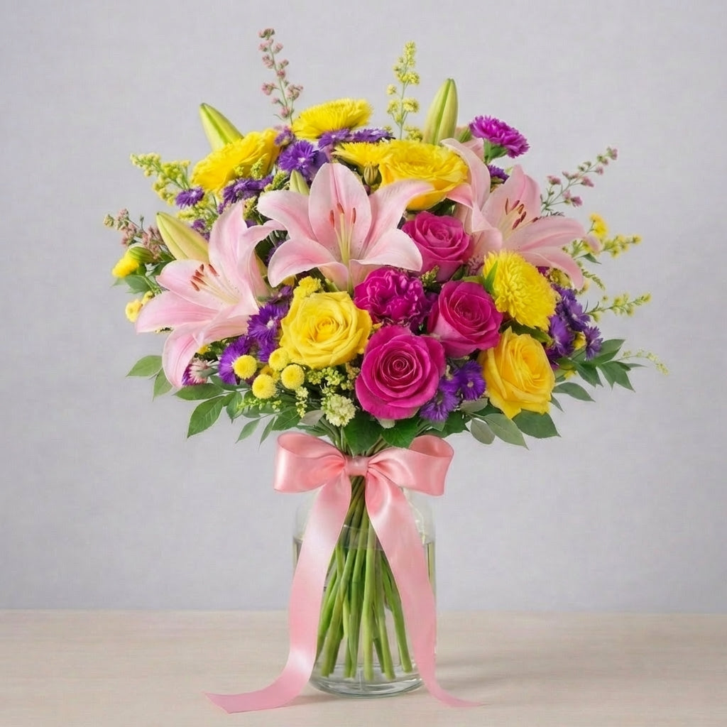 Extra full size Springtime Delight premium bouquet with abundant pink lilies, yellow roses, purple seasonal flowers, and rich greenery in a clear glass vase tied with a pink ribbon — Encinitas flower delivery.