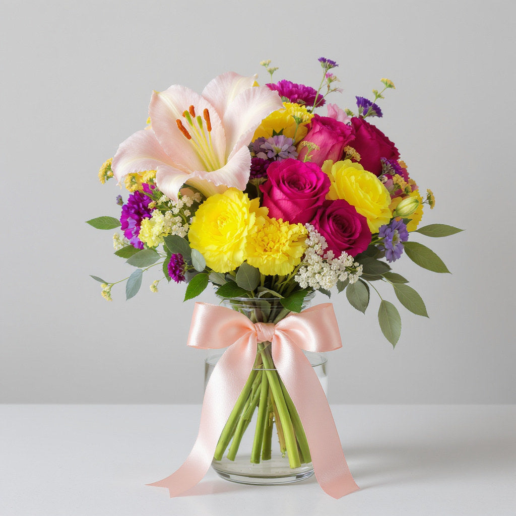 Deluxe size bright mixed bouquet with pink lilies, roses, yellow flowers, and vibrant greenery in a clear vase with a ribbon — same-day flowers Escondido.