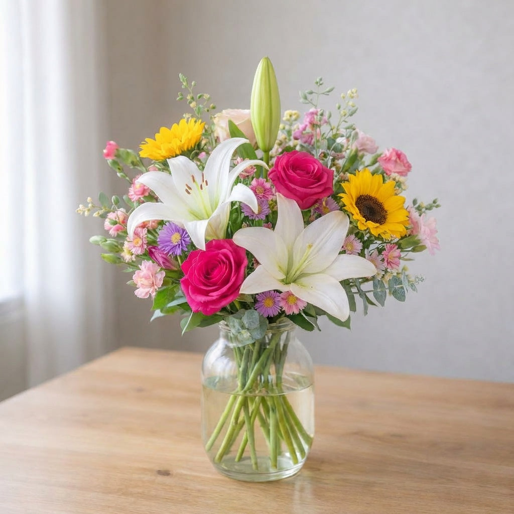 Bright pink lilies, sunflowers and roses arranged in a clear glass vase, airy garden-style bouquet, same-day flower delivery in Carlsbad