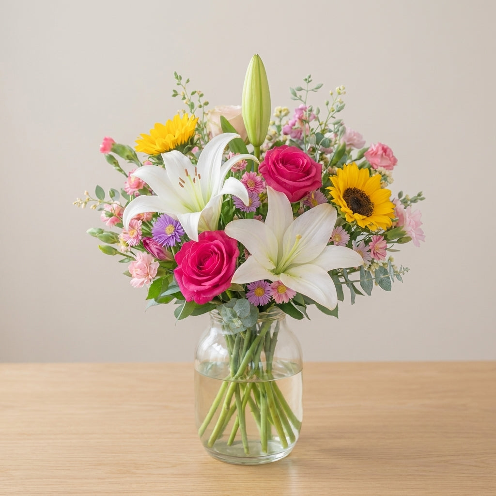 Sun-Kissed Joy Bloom Vase close-up showing lily and sunflower detail