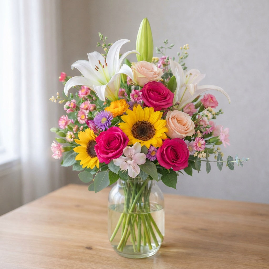 Sun-kissed floral bouquet featuring pink lilies, sunflowers and roses in a clear glass vase, vibrant handcrafted arrangement, Carlsbad delivery