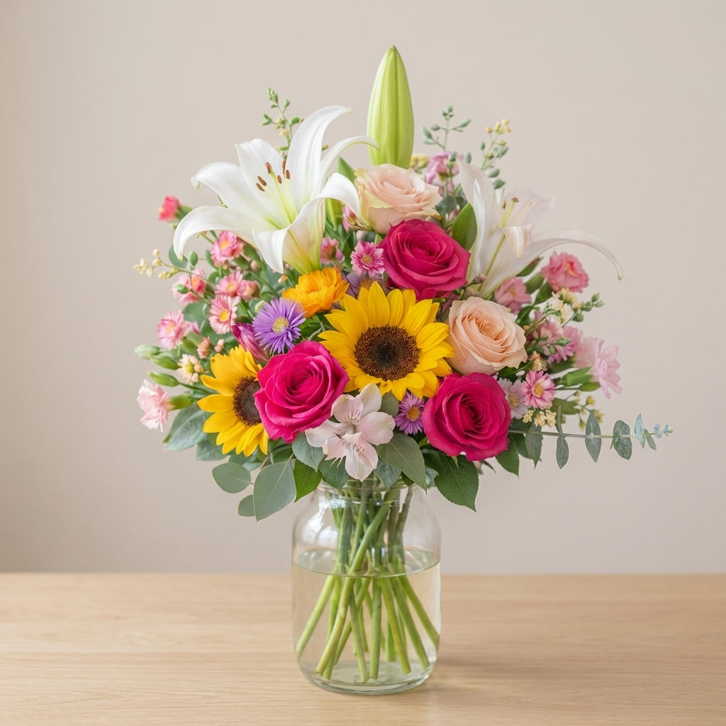 Sun-Kissed Joy Bloom Vase in a clear glass vase
